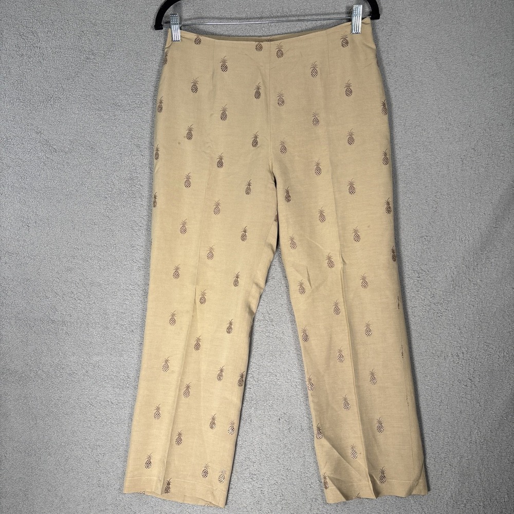 Tori Richard Capri Pants Women's 6 Silk Linen Blend Pineapple AOP Khaki Resort